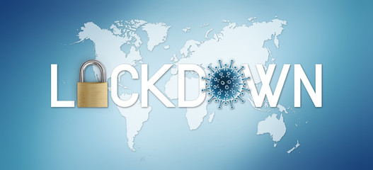 lockdown text written with padlock and corona virus symbol icon on world map in blue background...