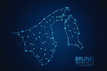 Abstract mash line and point scales on dark background with map of Brunei. Wire frame 3D mesh polygonal network line, design sphere, dot and structure. Vector illustration eps 10.
