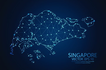 Abstract mash line and Point scales on dark background with map of Singapore. Wire frame 3D mesh polygonal network line, design sphere, dot and structure. Vector illustration eps 10. - obrazy, fototapety, plakaty