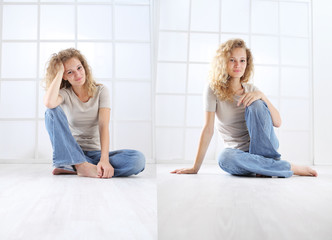 portrait of young woman sitting on the floor dressed casual with curly and long red hair isolated on white window background