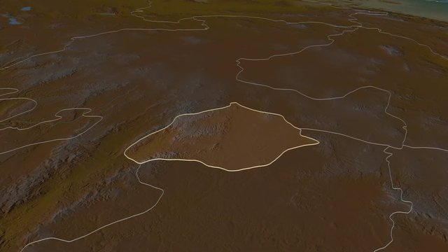 Aguascalientes, state with its capital, zoomed and extruded on the relief map of Mexico in the conformal Stereographic projection. Animation 3D