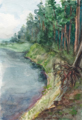 Watercolor landscape. The majestic northern expanse of the mighty river flowing among the spruce forest
