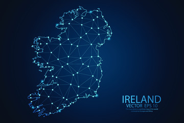 Abstract mash line and point scales on Dark background with map of Ireland. Wire frame 3D mesh polygonal network line, design polygon sphere, dot and structure. Vector illustration eps 10.