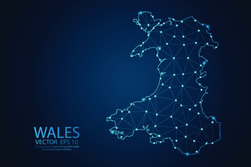 Abstract mash line and point scales on Dark background with map of Wales. Wire frame 3D mesh polygonal network line, design polygon sphere, dot and structure. Vector illustration eps 10. - obrazy, fototapety, plakaty