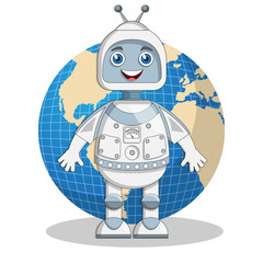 A robot on the background of the globe. Isolated on white background. Vector illustration.