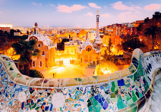 Park Guell at dusk, Barcelona, Spain