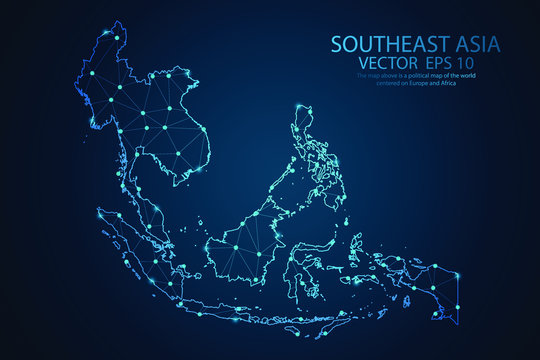 Abstract mash line and point scales on dark background with map of Southeast Asia. Wire frame 3D mesh polygonal network line, design sphere, dot and structure. Vector illustration eps 10.