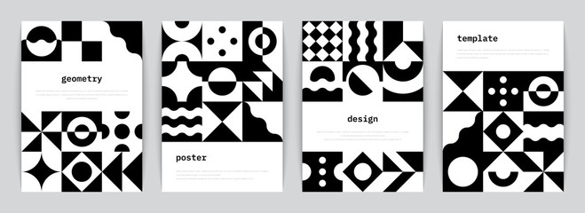 Bauhaus poster. Minimal monochrome geometric banners with simple black shapes in Swiss style. Vector illustration trendy abstract flyers set with graphic architectural modernism composition