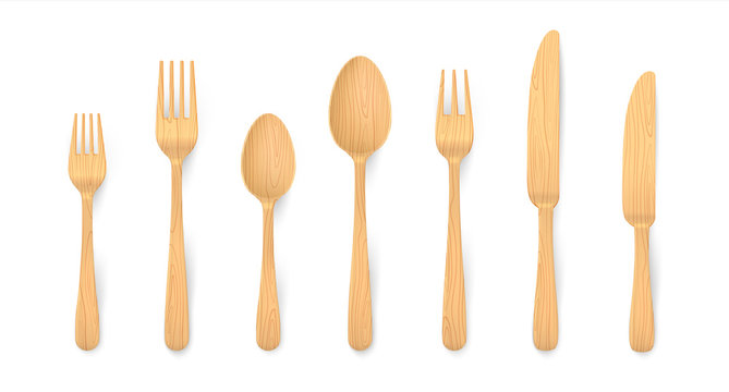 Realistic wooden cutlery. Biodegradable bamboo table forks, spoons and knifes made of natural reusable material. Vector 3D eco wooden isolated set for setting dinner