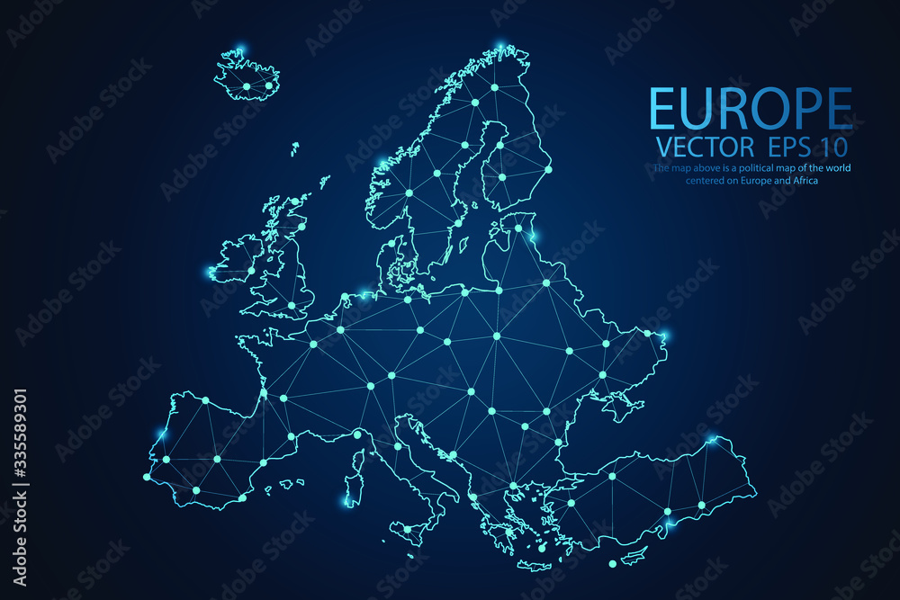 Wall mural map of europe point scales on dark background with map world. wire frame 3d mesh polygonal network l