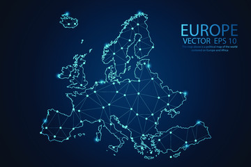 Map of Europe Point scales on dark background with Map World. Wire frame 3D mesh polygonal network line, design sphere, dot and structure. Vector illustration eps 10. - obrazy, fototapety, plakaty
