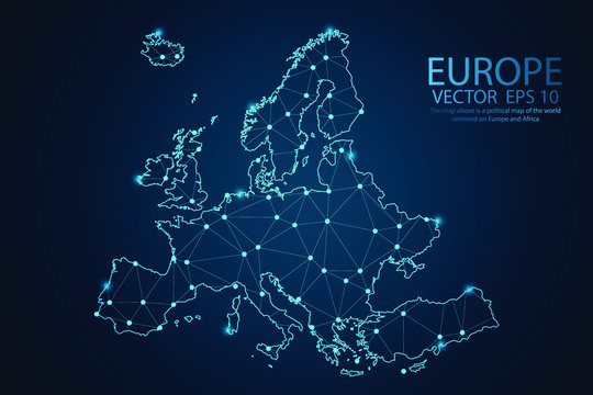 Map of Europe Point scales on dark background with Map World. Wire frame 3D mesh polygonal network line, design sphere, dot and structure. Vector illustration eps 10.