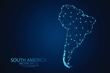 Abstract mash line and point scales on Dark background with map of South America . Wire frame 3D mesh polygonal network line, design polygon sphere, dot and structure. Vector illustration eps 10.