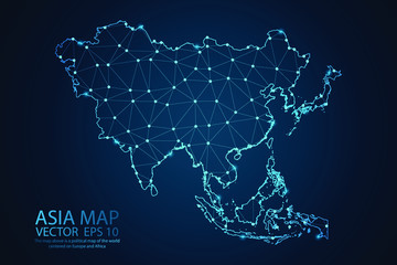 Abstract mash line and point scales on dark background with map of Asia. Wire frame 3D mesh polygonal network line, design sphere, dot and structure. Vector illustration eps 10.