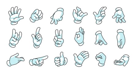 Cartoon hands in gloves. Doodle comic mascot arms, human character palms and fingers in white gloves showing gestures. Vector illustration doodle cartoons motion hands collection