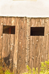 Front view, far distance of old, weather wood cellar doors, with two window cutouts,  to a wine cellar in the hills of Peadmont, Italy,  wine region