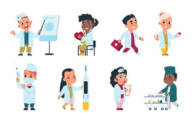 Kids doctors. Cute cartoon characters playing nurses with medical equipment and dressed as doctors. Vector funny children in white clothing play with medicines equipment on white background