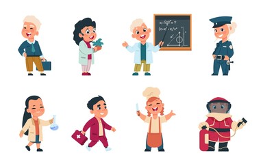 Kids professions. Cartoon cute children dressed in different occupation uniform, businessman worker doctor cook. Vector cute boys and girls playing characters with jobs different occupation