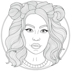 Girl with a hairstyle.Coloring book antistress for children and adults. Illustration isolated on white background.Zen-tangle and doodle style. Black and white drawing