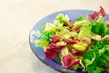 salad with tomatoes, cucumbers, sweet peppers, olives and feta cheese on a blue plate, top view, light background,copyspace for text.