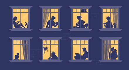 Neighbors in windows. Cartoon characters at their apartment reading book, cooking, watching TV and spending time together. Vector illustration evening home scene, silhouette or shadow people in window