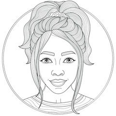Beautiful girl with a ponytail.Coloring book antistress for children and adults. Illustration isolated on white background.Zen-tangle and doodle style. Black and white drawing