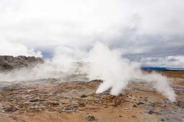 Hverir mud pools day view, Iceland landmark