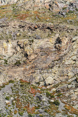 The texture of the rocky slope of a mountain gorge. Russia, Altai Republic, Ulagansky District, Chulyshman Valley