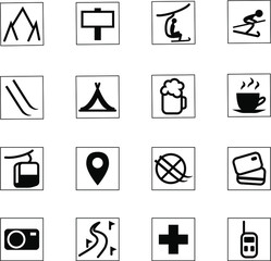 ski resort icon set. black monochrome symbols isolated on white