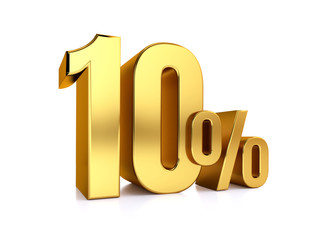 10% off. On sale. Great deal. ten. One half. Rendered illustration Isolated 3D text with big golden fonts on white background.