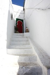Green and red Tunisian door up white stairs low angle view