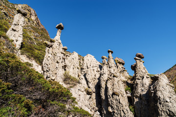 Stone mushrooms, wind erosion of rocks. Russia, Altai Republic, Ulagansky district, Chulyshman valley, Akkurum tract