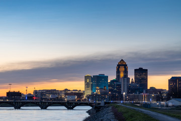 Des Moines Skyline and River at Sunset