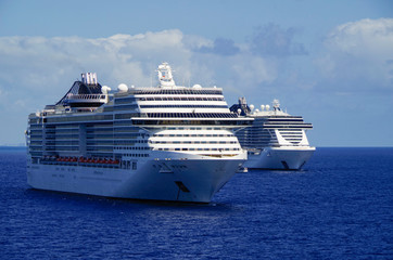 MSC Cruises cruiseships or cruise ship liners parked or anchored or laid up at sea in Miami Beach...