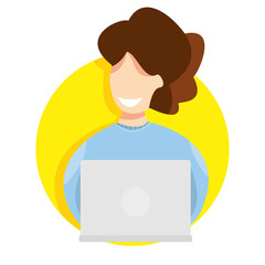 Modern vector illustration of internet surfing. Young person spending time online. Woman with laptop. Businesswoman spends time working on a new project. Start up. New technology. Icon for web site.