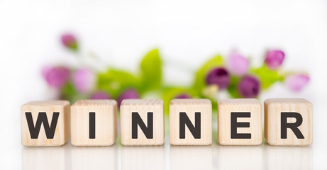 WINNER - financial business concept. Wooden cubes on a white table. In the background are pink purple tulips, a floral bouquet