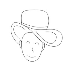 Man in hat as a wrangler. Vector illustration in cartoon doodle style. Simple happy character. Design for advertisement of hat shops, farming, hunter, fisherman, peterman, style and beauty.