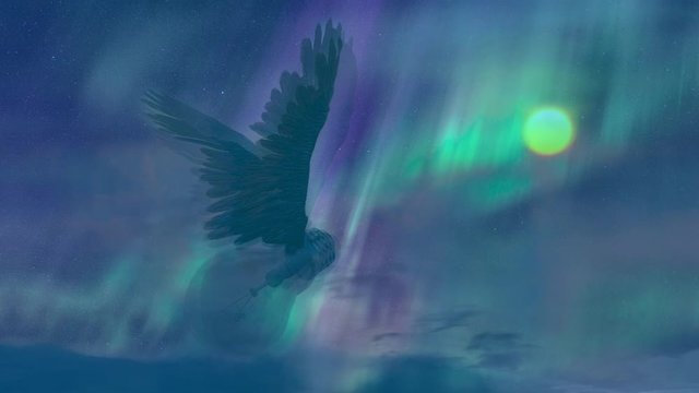 Winged idea. Winged light bulb in misty sky