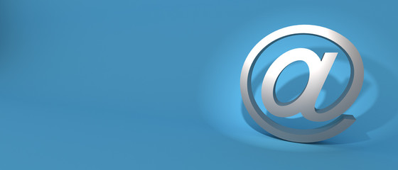 Email sign on blue wall background, banner, copy space. 3d illustration