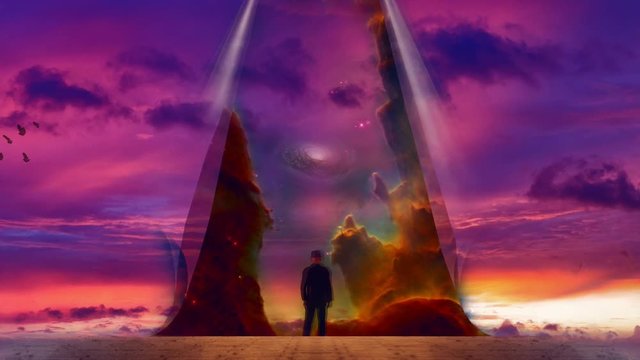 Man reveals the sky. Galaxy in purple clouds
