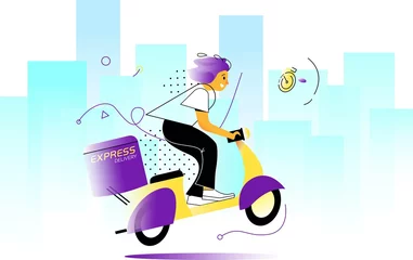 Foto op Plexiglas online delivery service vector concept illustration, Fast delivery package by scooter on mobile phone. Order package in E-commerce by app. Tracking courier by map application. Vector illustration © Mihail