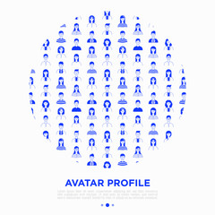 Concept of people's avatars in circle shape. Caucasian, young happy people in casual clothing. Vector illustration in flat style.