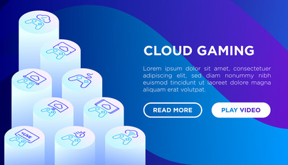 Cloud gaming web page template with thin line isometric icons: play on laptop, 120 FPS, low-latency gameplay, gamepad, wi-fi,  live streaming, game controller, 5G technology. Vector illustration.