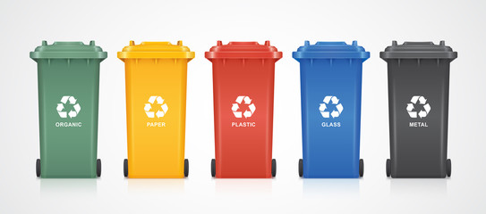 green, yellow, orange, red, blue and black recycle bins with recycle symbol isolated on white background vector illustration - obrazy, fototapety, plakaty