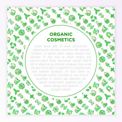 Organic cosmetics concept with thin line icons. Cruelty free, 0% alcohol, natural ingredients, paraben free, eco friendly, no mineral oil, non GMO. Vector illustration, template with copy space.