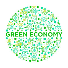 Green economy concept in circle with thin line icons: financial growth, green city, zero waste, circular economy, anti-globalism, global consumption. Vector illustration for environmental issues.