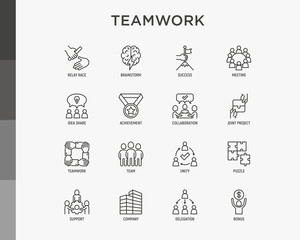 Teamwork thin line icons set: relay race, brainstorm, success, meeting, idea share, collaboration, joint project, unity, support, delegation, bonus. Modern vector illustration.