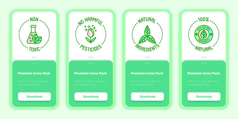 Organic cosmetics symbols. Mobile user interface with thin line icons. Non toxic, no harmful pesticides, natural ingredients, 100% natural. Template with copy space. Vector illustration.