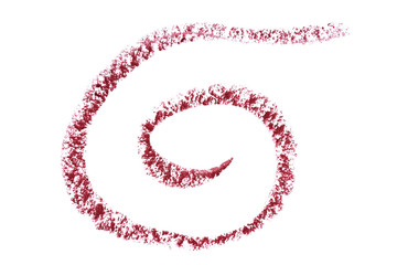 Lip liner stroke smear smudge isolated on white. Trace pencil burgundi bordo color. Lip pencil stroke spiral shape. Makeup product texture. Woman cosmetic crayon for make up catalog. Macro, from above