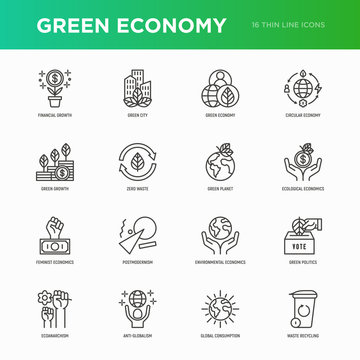 Green economy thin line icons set: financial growth, green city, zero waste, circular economy, green politics, anti-globalism, global consumption. Vector illustration for environmental issues.